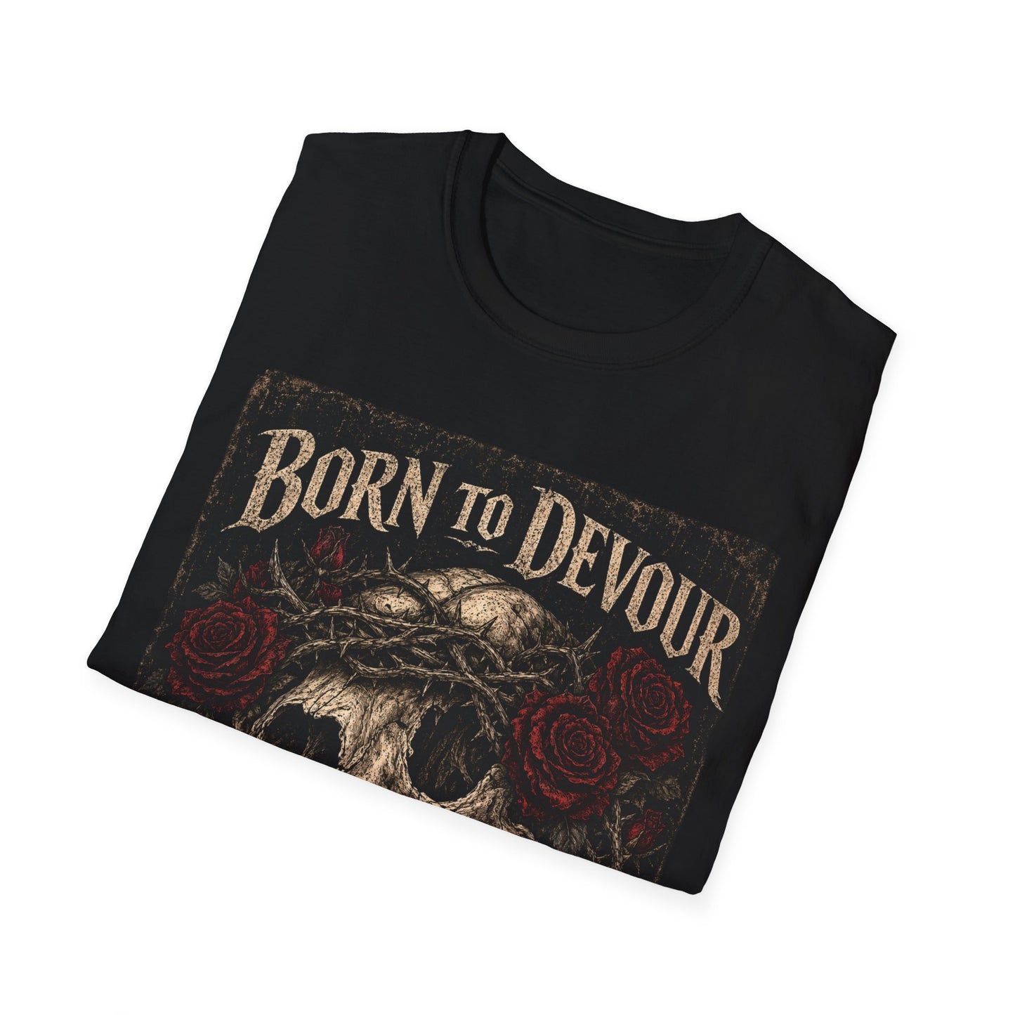 Born to Devour Skull with Roses T-Shirt | Vampire Fangs Gothic Tee