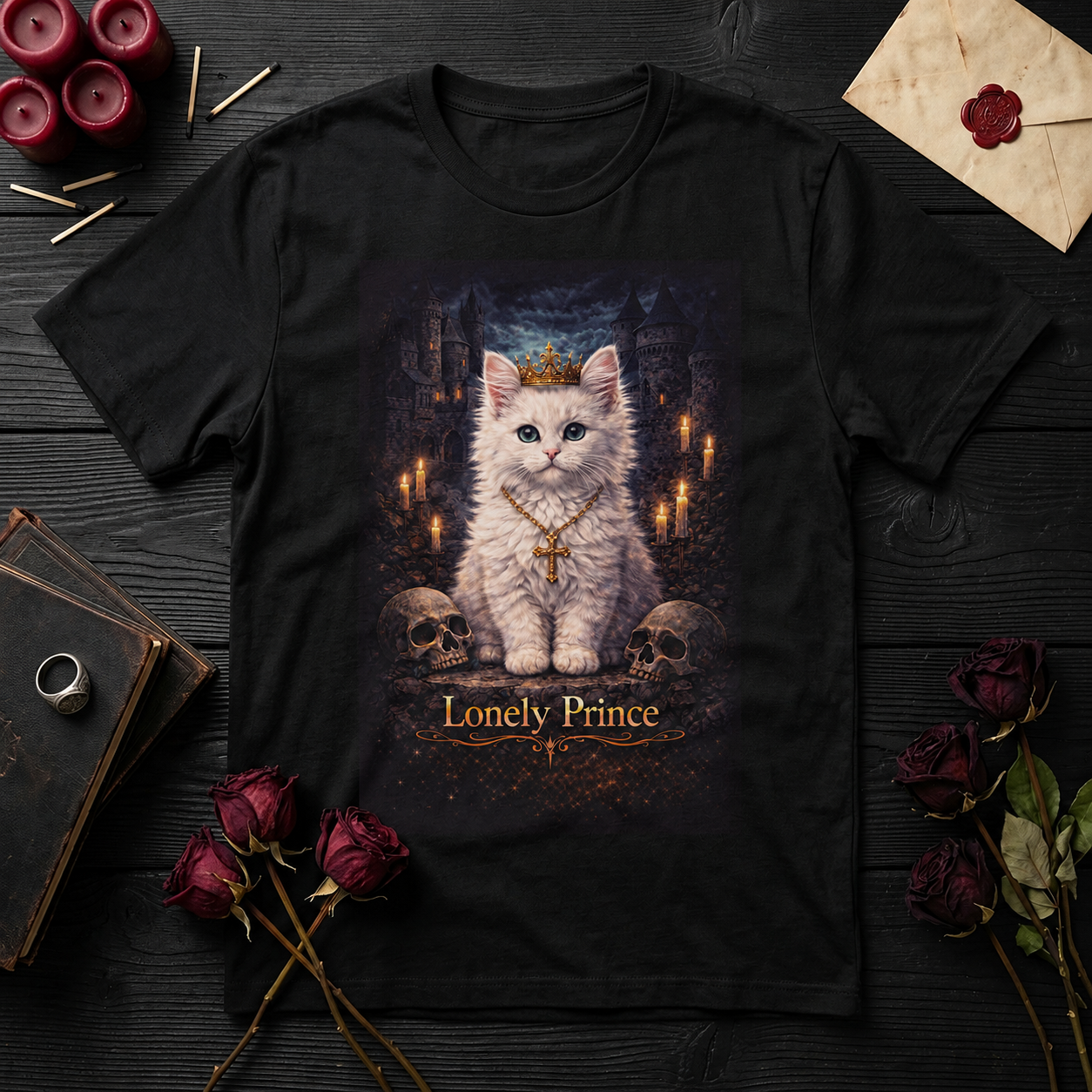 Lonely Prince Cat T-Shirt | Gothic Kitten, Skulls, Candlelit Portrait