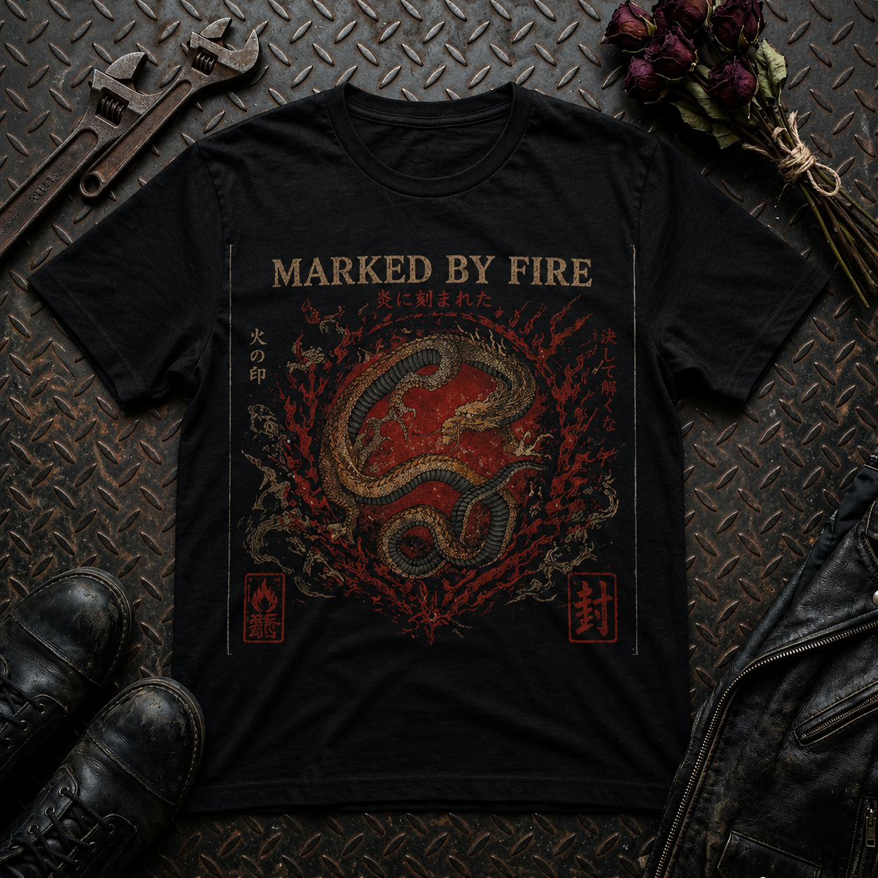 Marked by Fire Dragon T-Shirt | Japanese Kanji, Red Flame Serpent Graphic