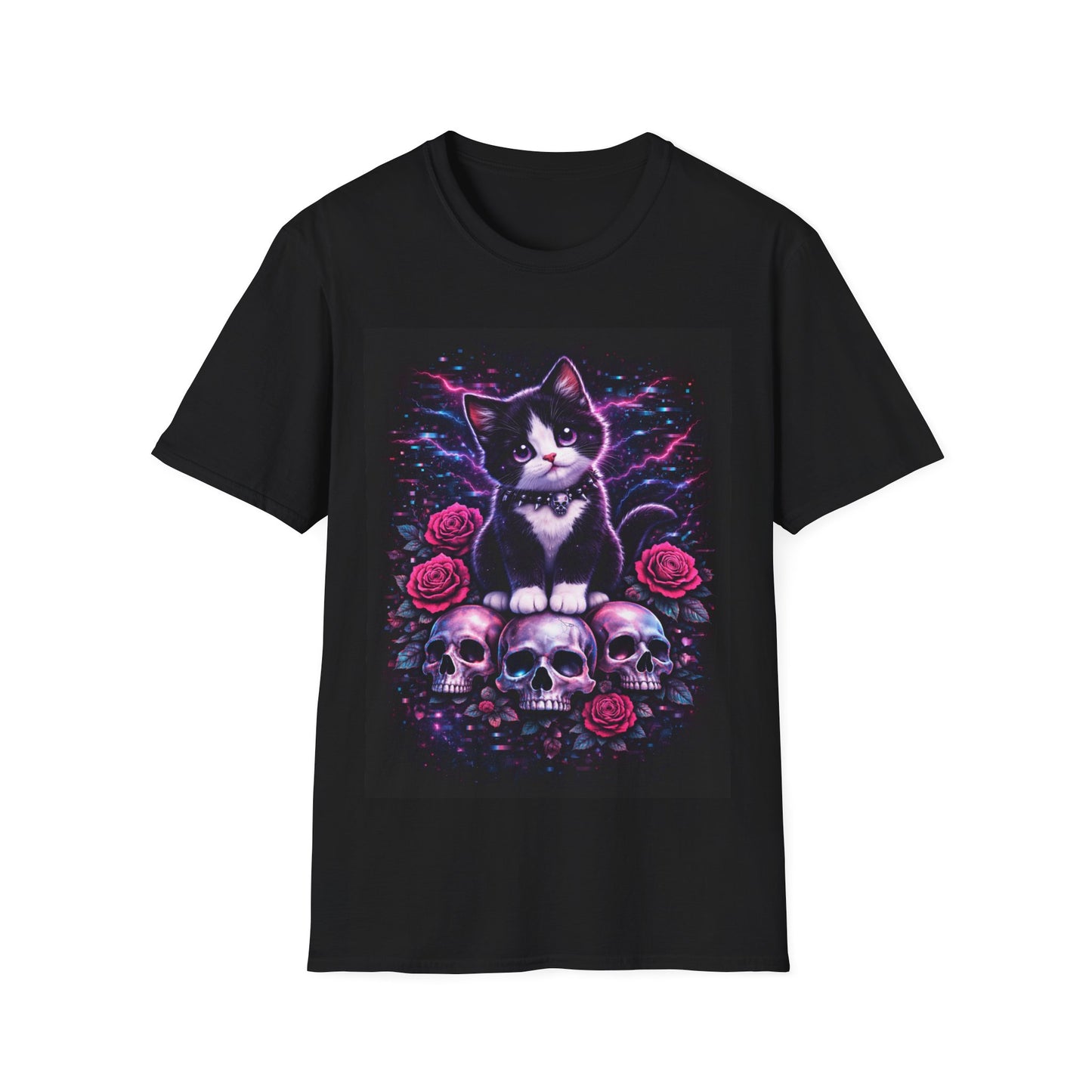 Tuxedo Cat & Skulls T-Shirt — Neon Gothic Graphic Tee