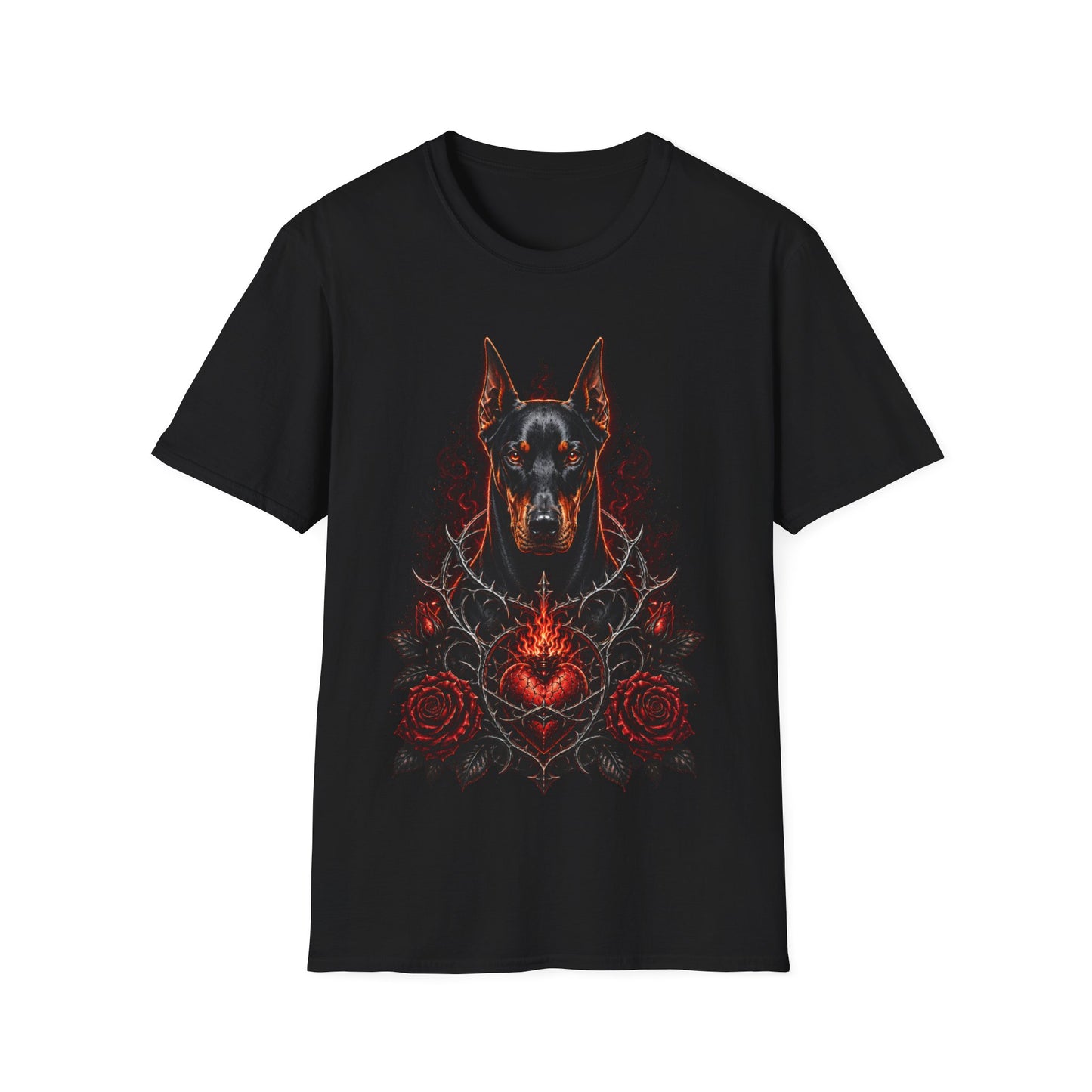 Doberman Loyal Heart T-Shirt — Gothic Dog Design with Roses & Sacred Heart