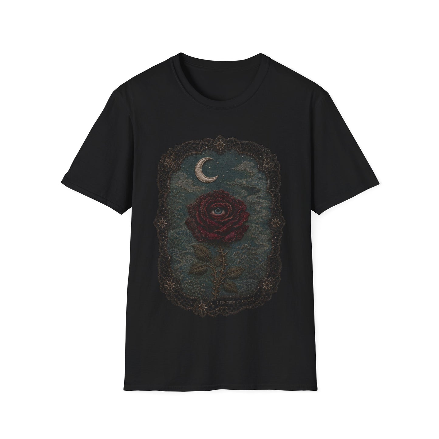 I Finished It Anyway — Embroidered Gothic Rose Moon T-Shirt