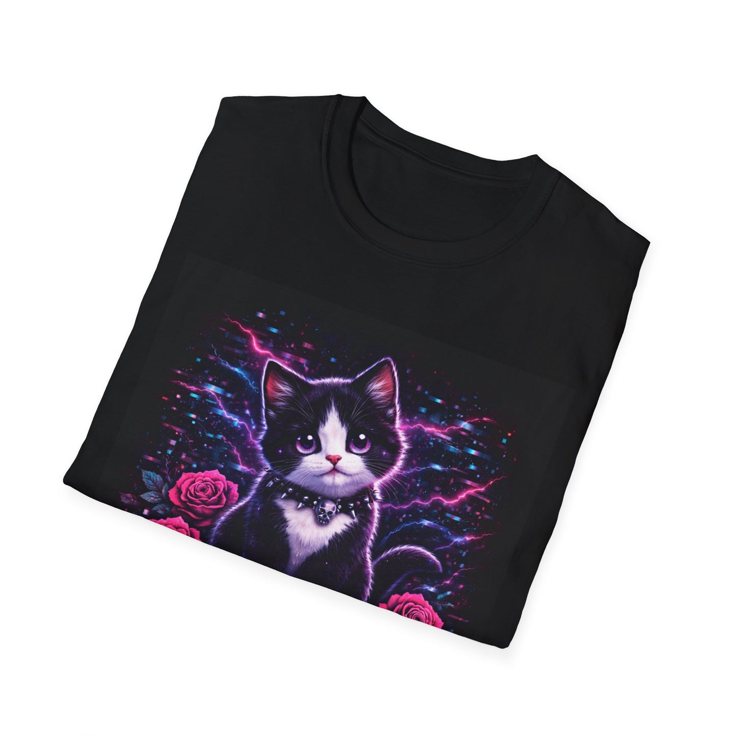Tuxedo Cat & Skulls T-Shirt — Neon Gothic Graphic Tee