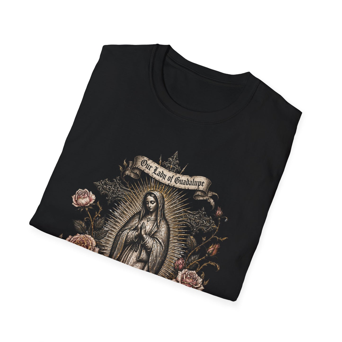 Virgin Mother Lady of Guadalupe Floral T-Shirt — Vintage Catholic Devotional Tee