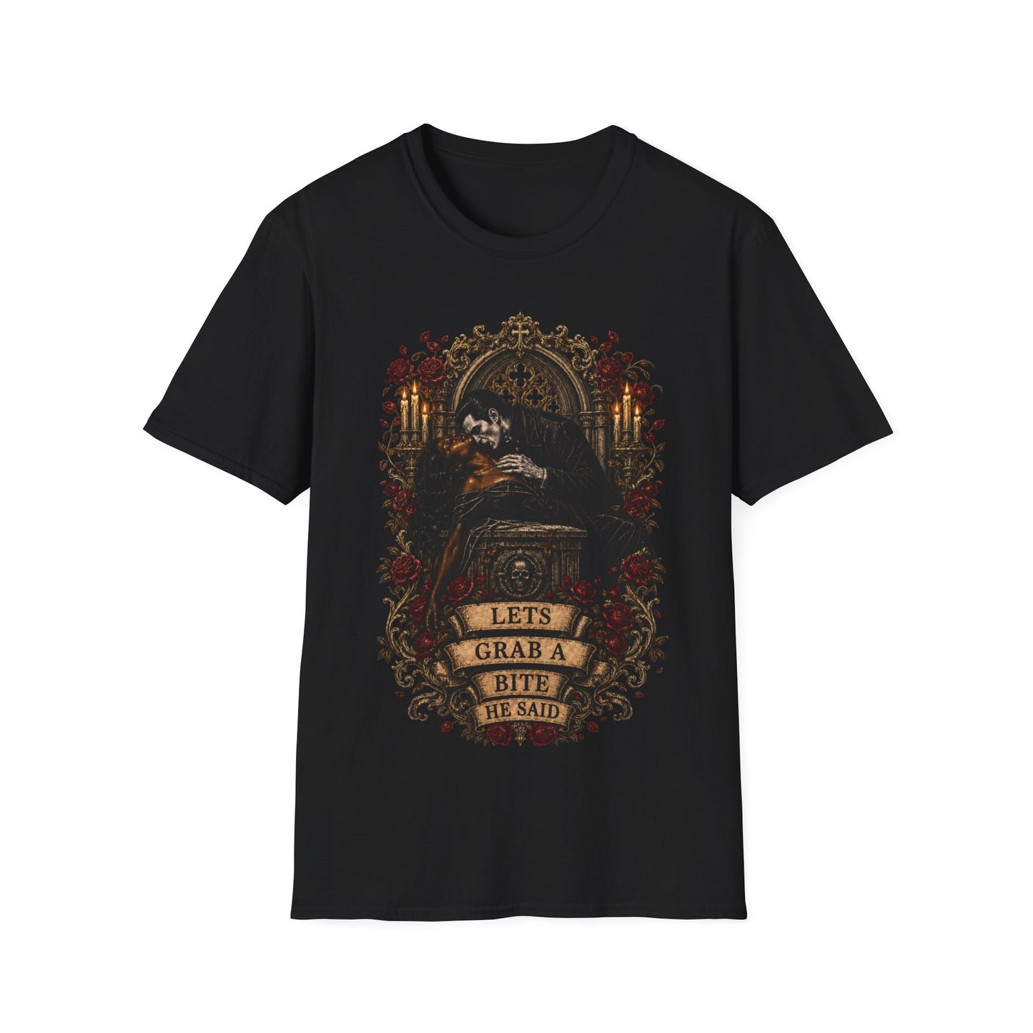 Romantic Vamp T-Shirt — "Let's Grab a Bite" Vintage Horror Tee