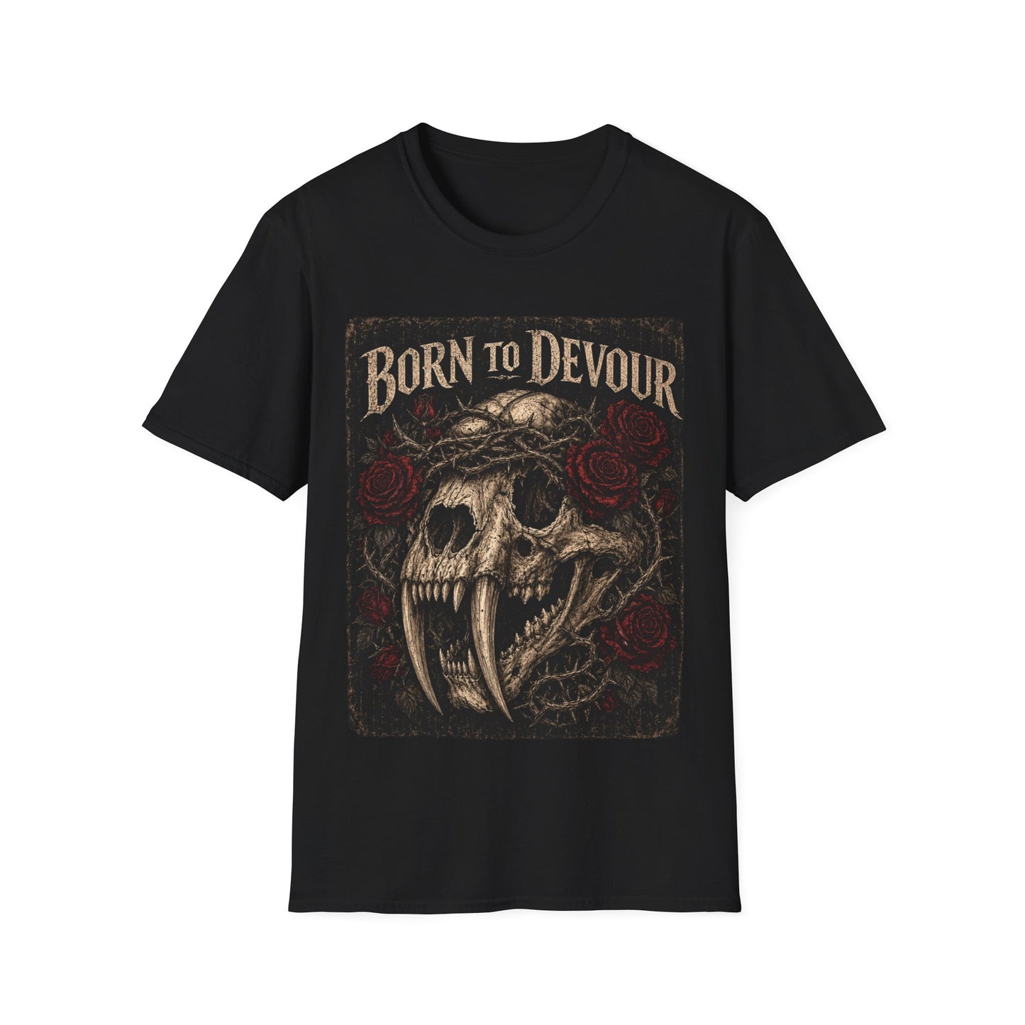 Born to Devour Skull with Roses T-Shirt | Vampire Fangs Gothic Tee