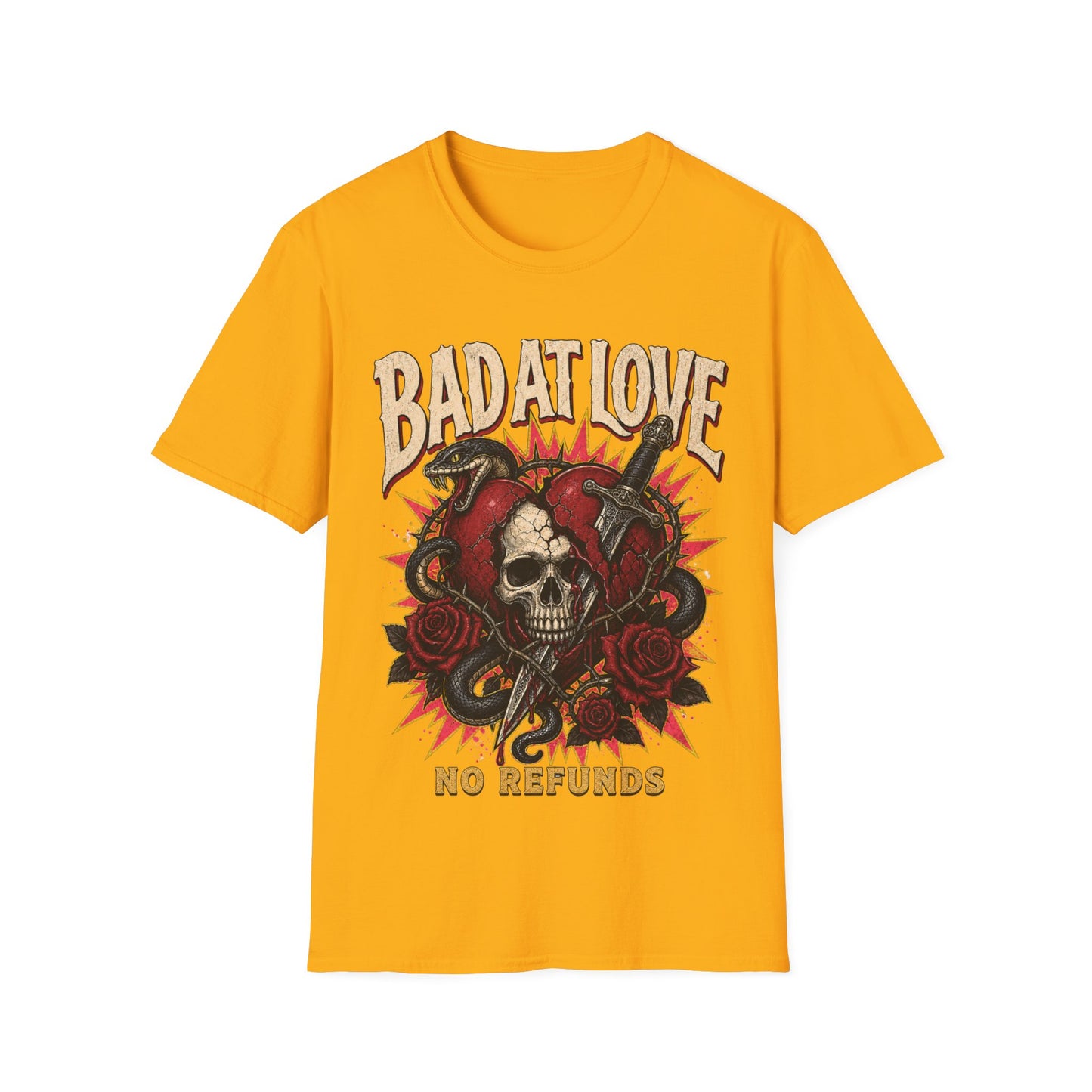 Bad At Love skull and roses T-Shirt | No Refunds graphic tee