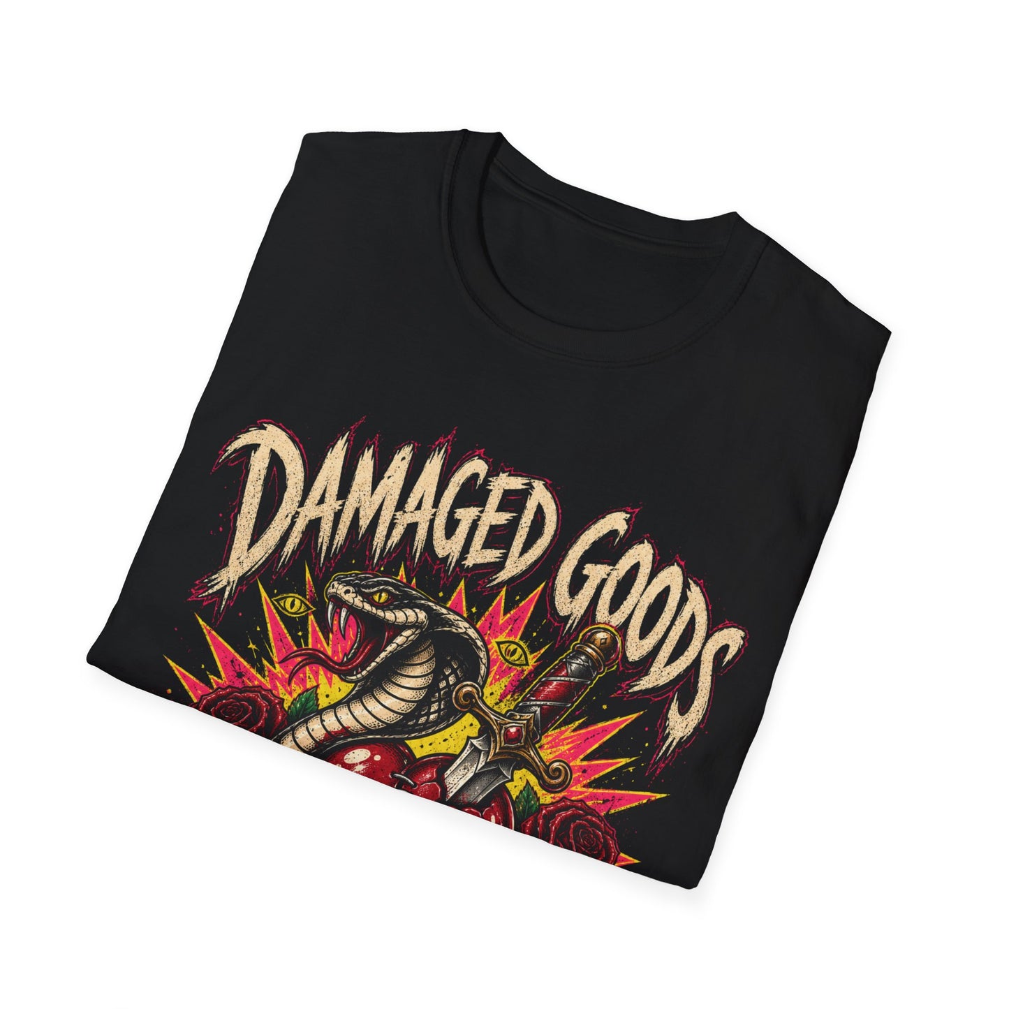 Damaged Goods snake heart graphic T-Shirt | roses, dagger, vintage tattoo style