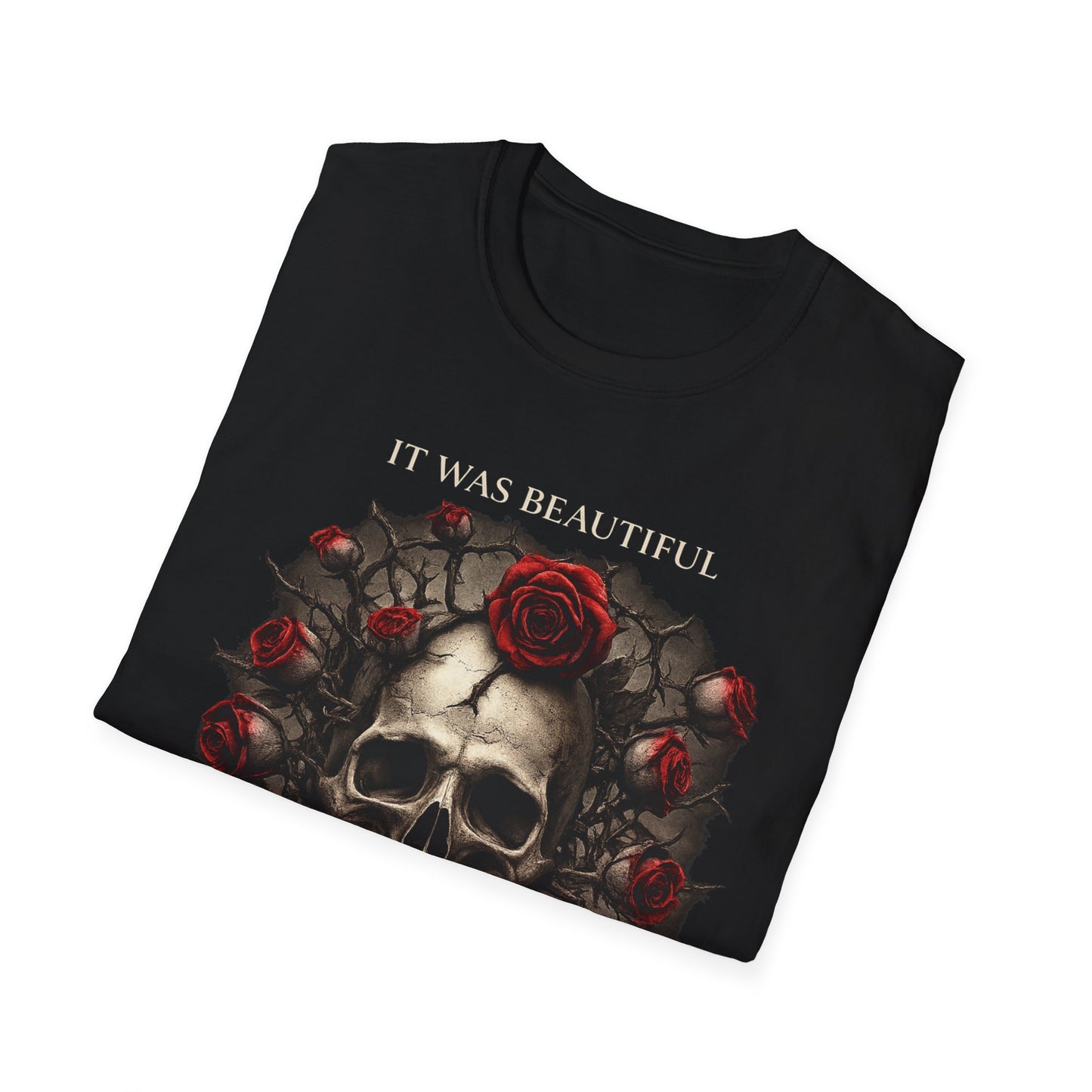 Skull with Red Roses T-Shirt | Gothic Skull Floral Tee, 'It Was Beautiful Until It Wasn't'
