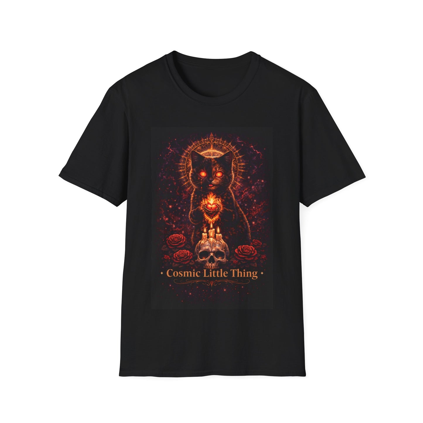 Cosmic Cat with Skull and Roses T-Shirt | Mystic Moon, Occult Artwork