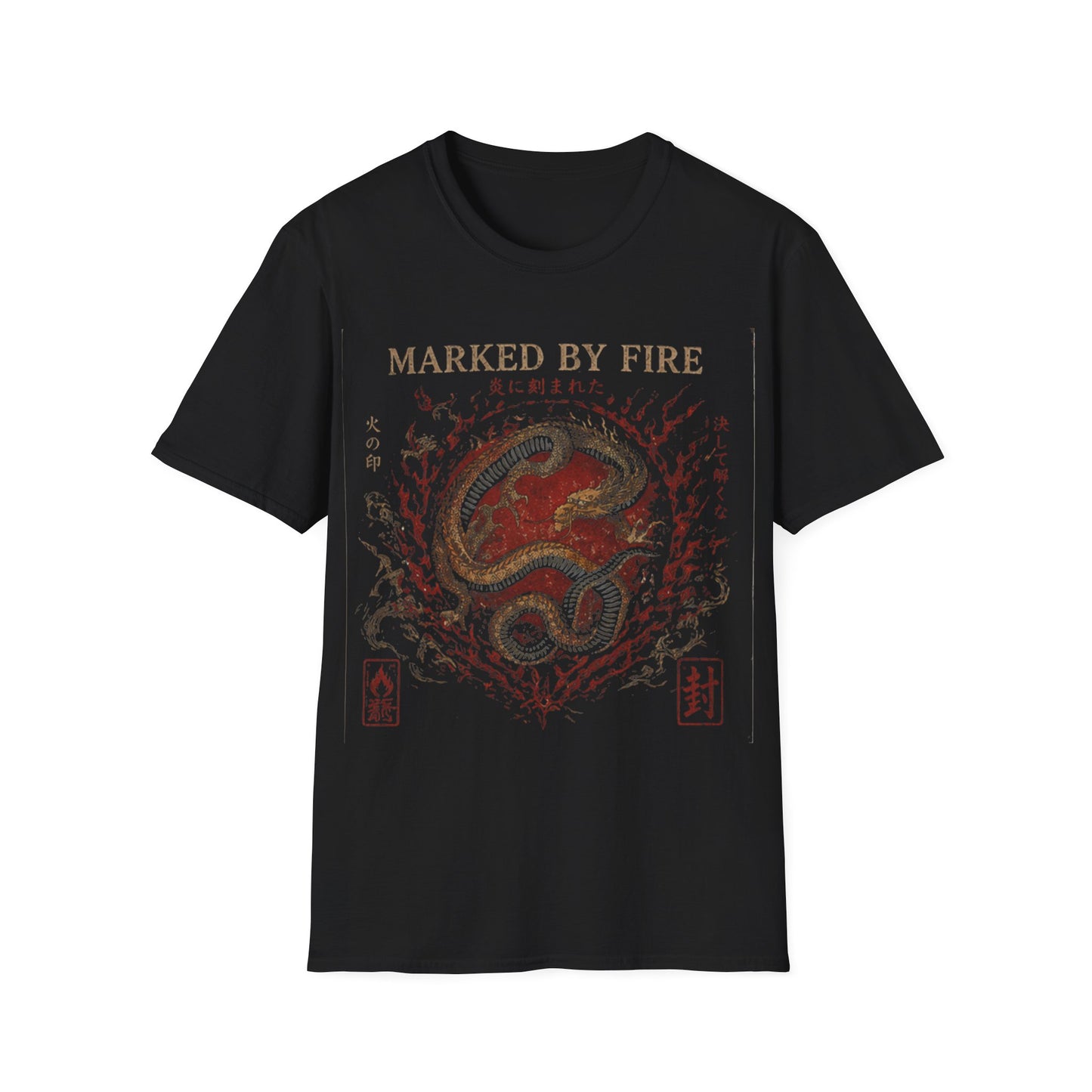 Marked by Fire Dragon T-Shirt | Japanese Kanji, Red Flame Serpent Graphic