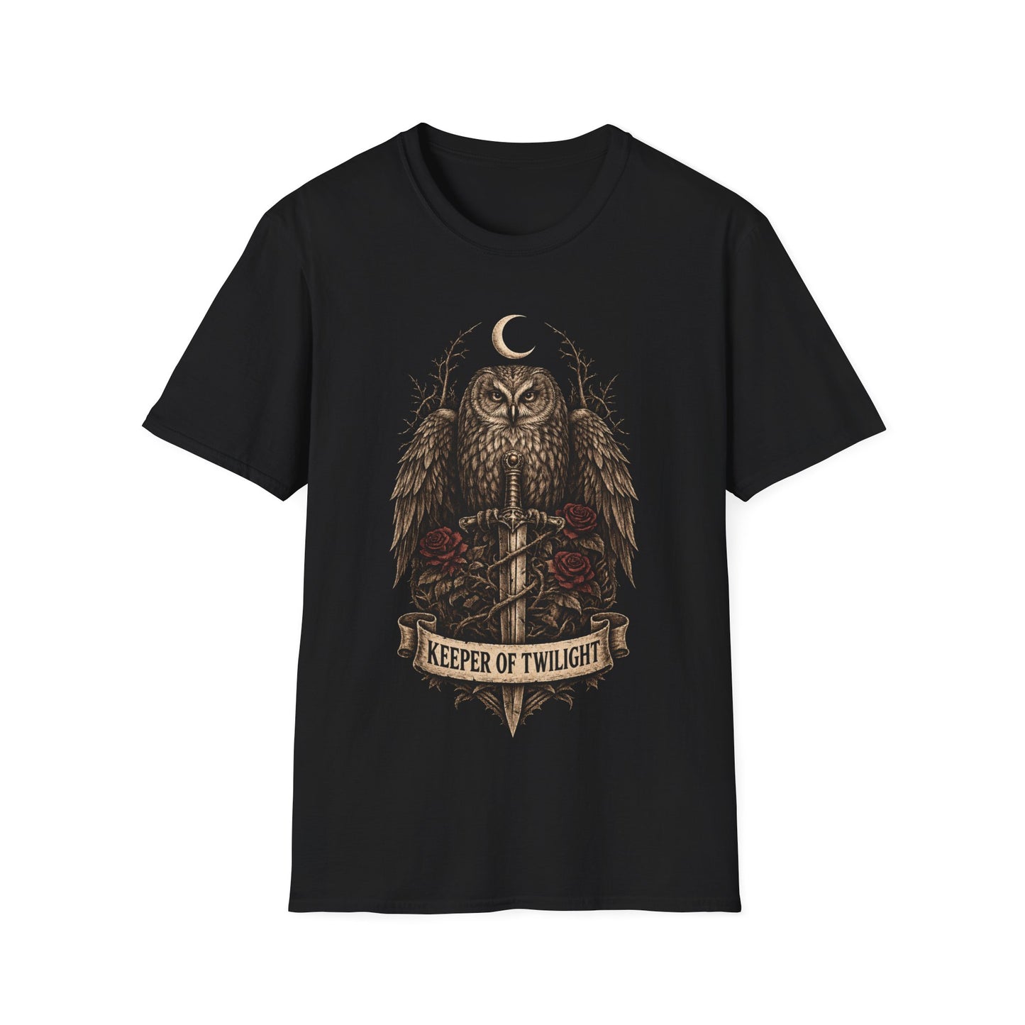 Keeper of Twilight Owl T-Shirt | Moon, Sword, Gothic Forest