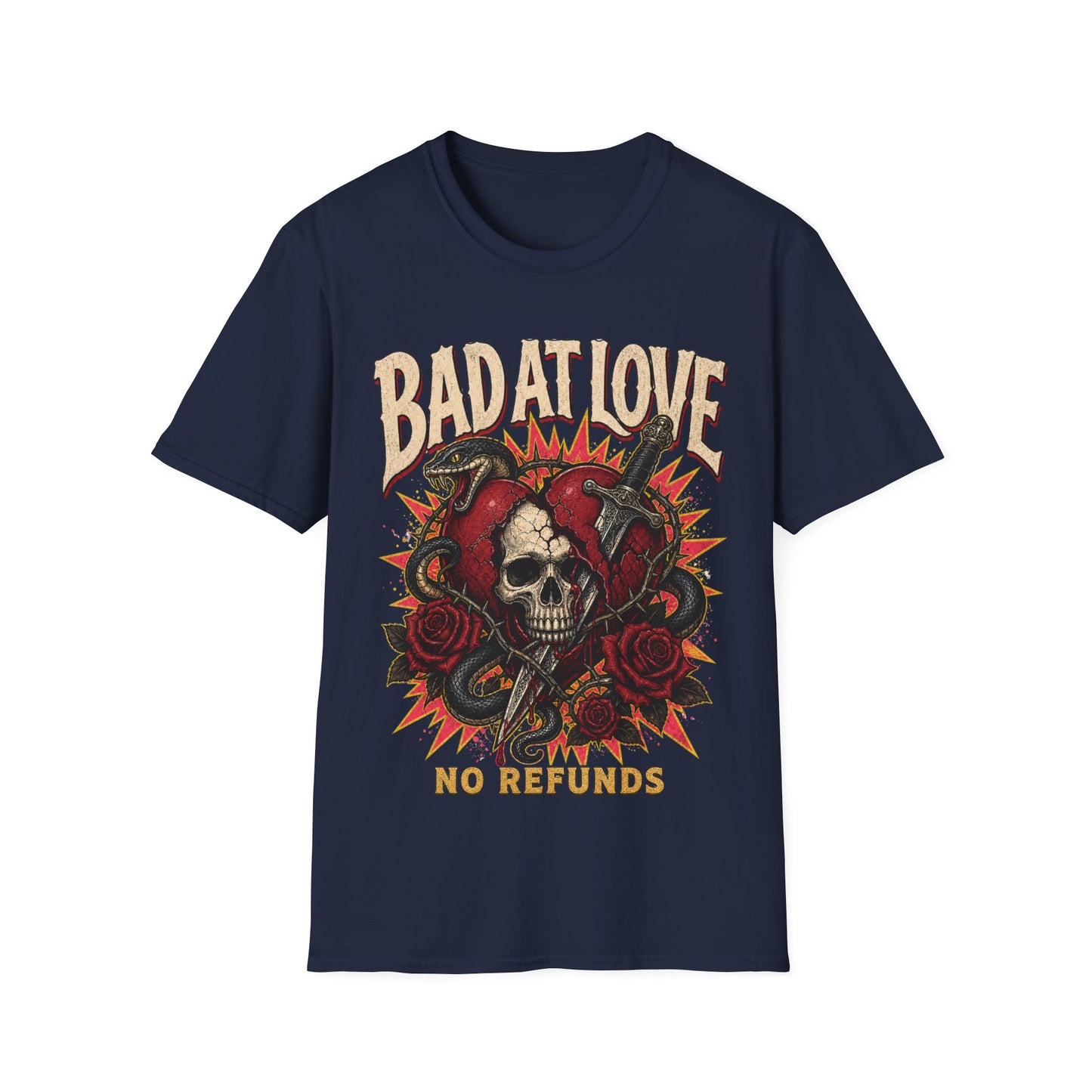 Bad At Love skull and roses T-Shirt | No Refunds graphic tee