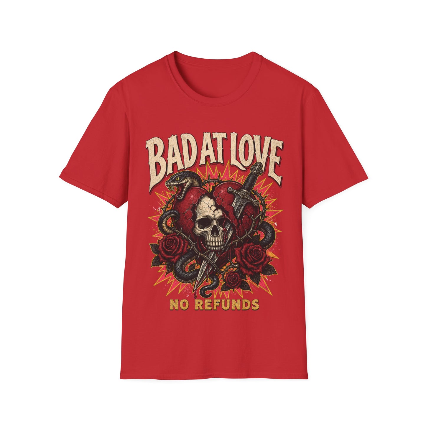 Bad At Love skull and roses T-Shirt | No Refunds graphic tee