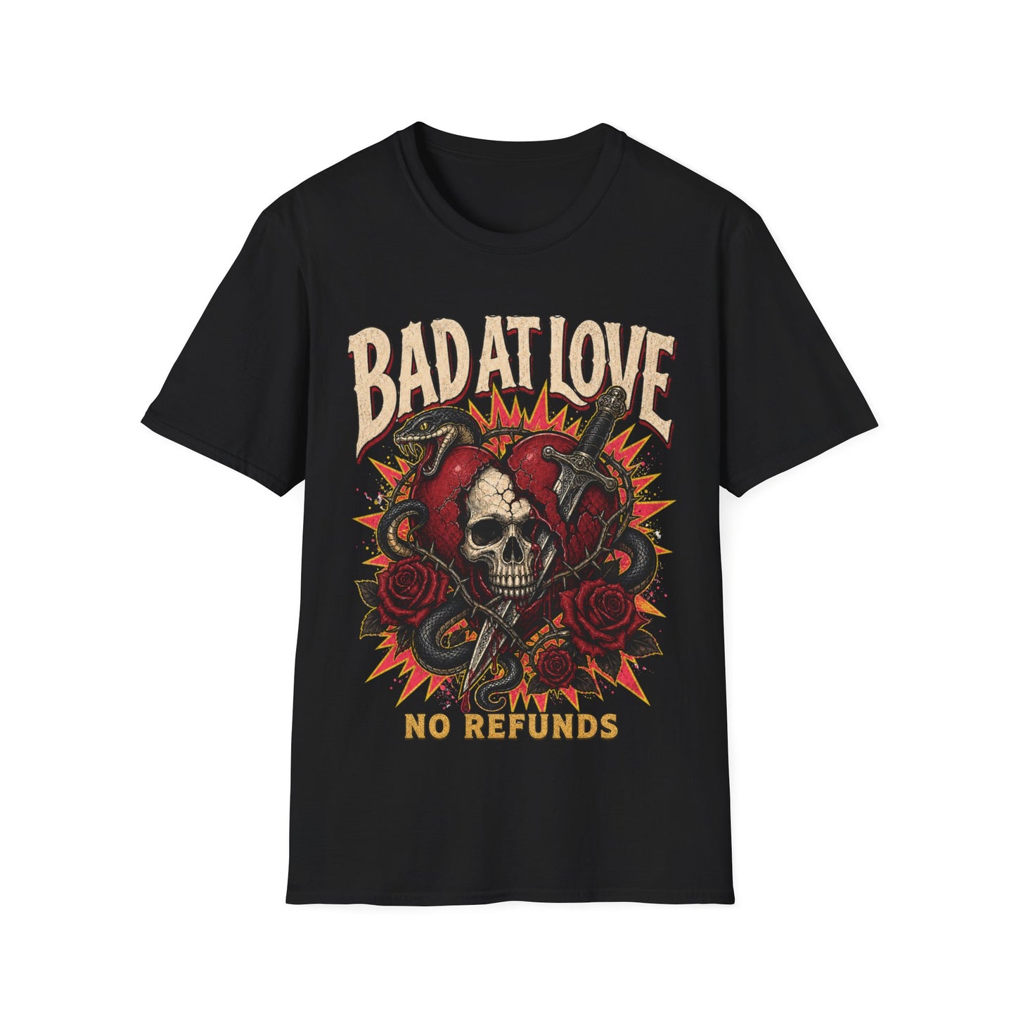Bad At Love skull and roses T-Shirt | No Refunds graphic tee