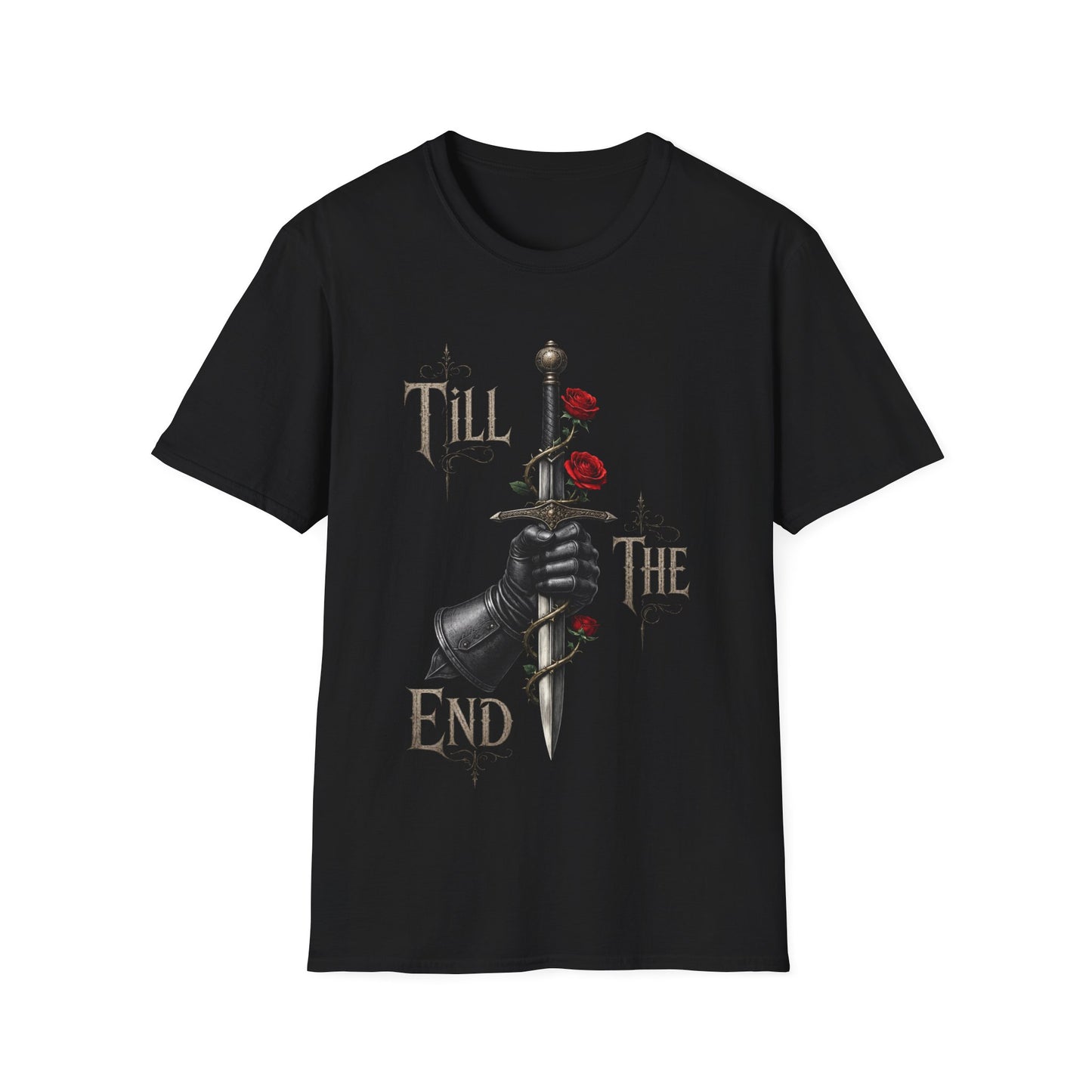 Till The End dagger and roses T-Shirt | Gothic knight hand, dark romance design