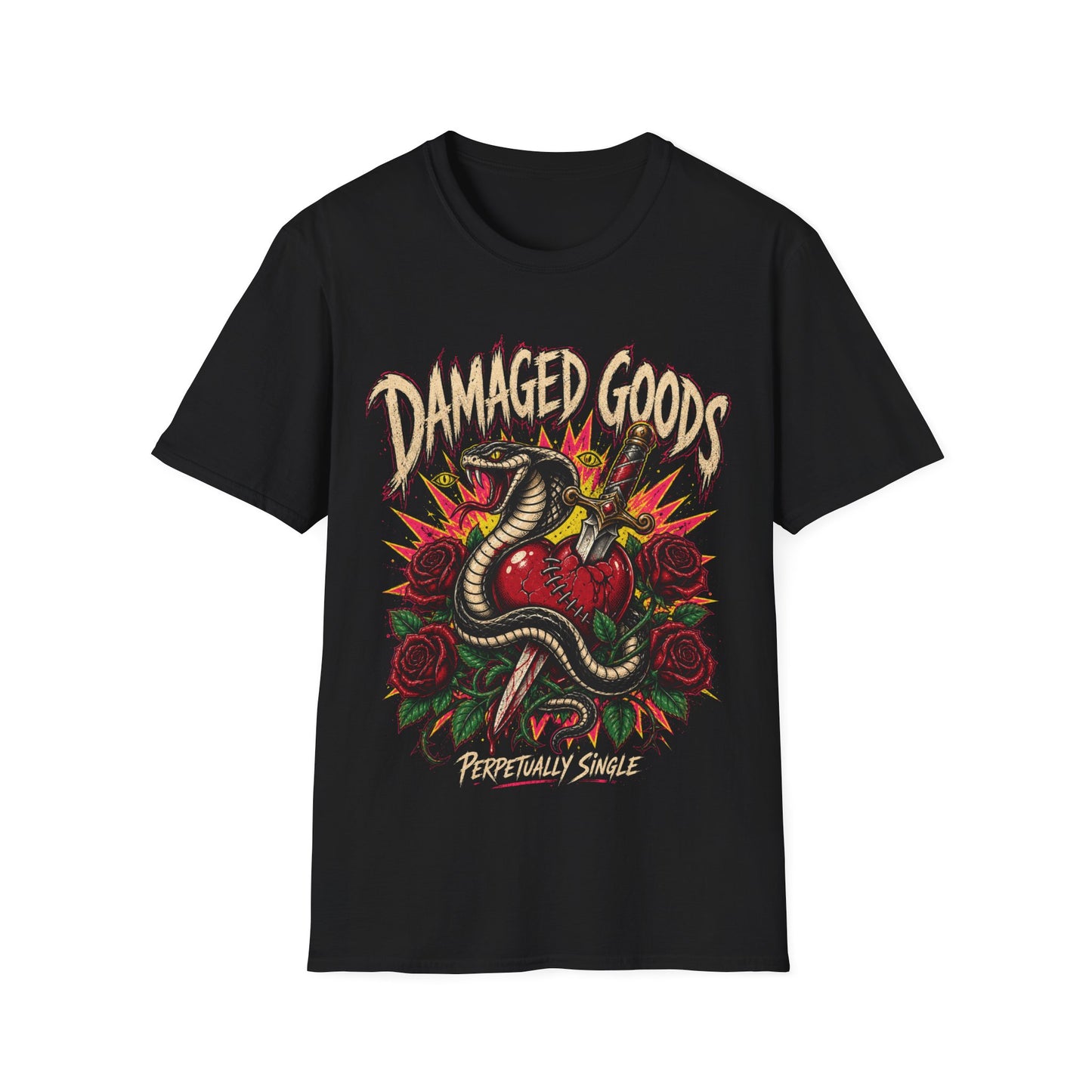 Damaged Goods snake heart graphic T-Shirt | roses, dagger, vintage tattoo style