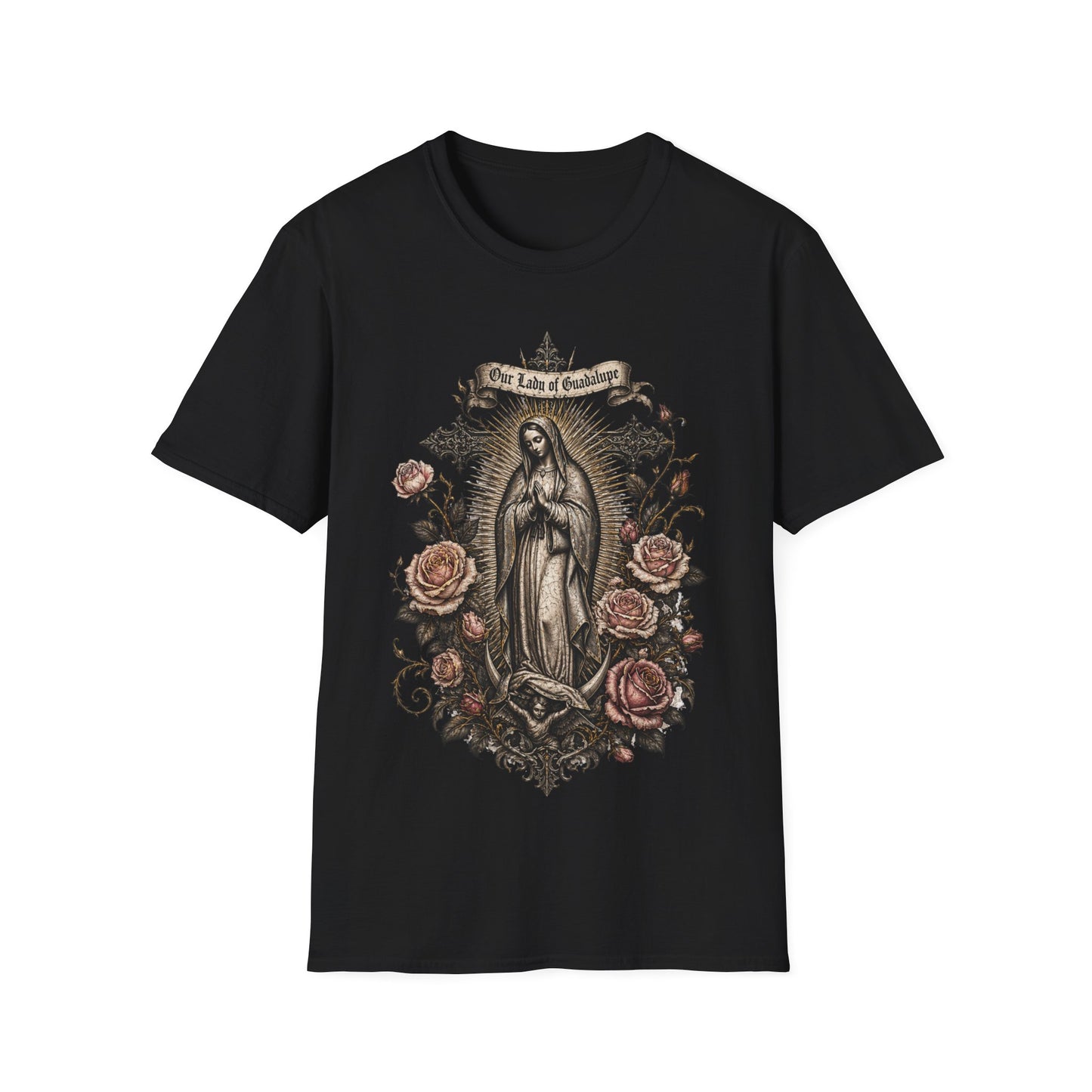 Virgin Mother Lady of Guadalupe Floral T-Shirt — Vintage Catholic Devotional Tee