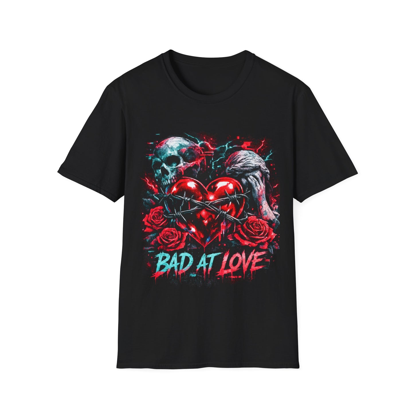 Bad at Love skull heart T-Shirt | CANDY GLOSS RED, neon horror style