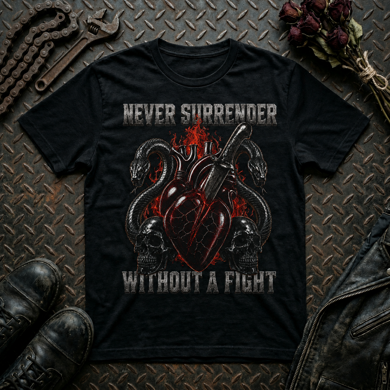Never Surrender Heart & Snakes Graphic T-Shirt