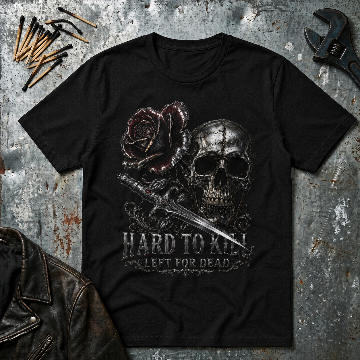 Hard to Kill Left for dead-Chrome dipped Skull and dagger tee