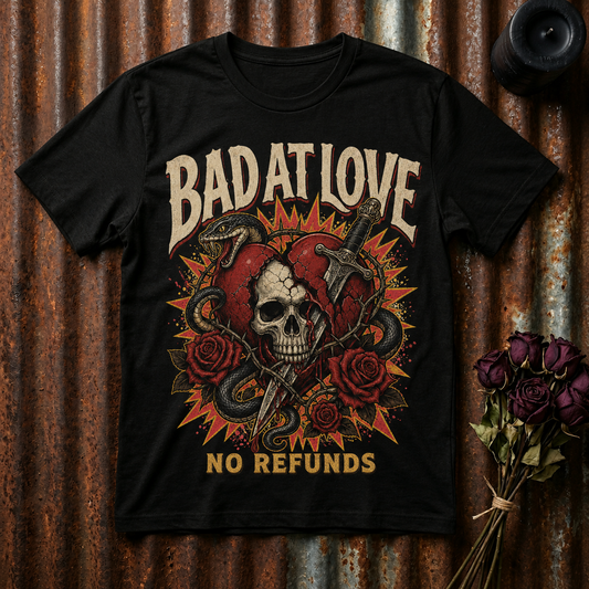 Bad At Love skull and roses T-Shirt | No Refunds graphic tee