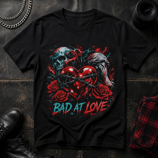 Bad at Love skull heart T-Shirt | CANDY GLOSS RED, neon horror style