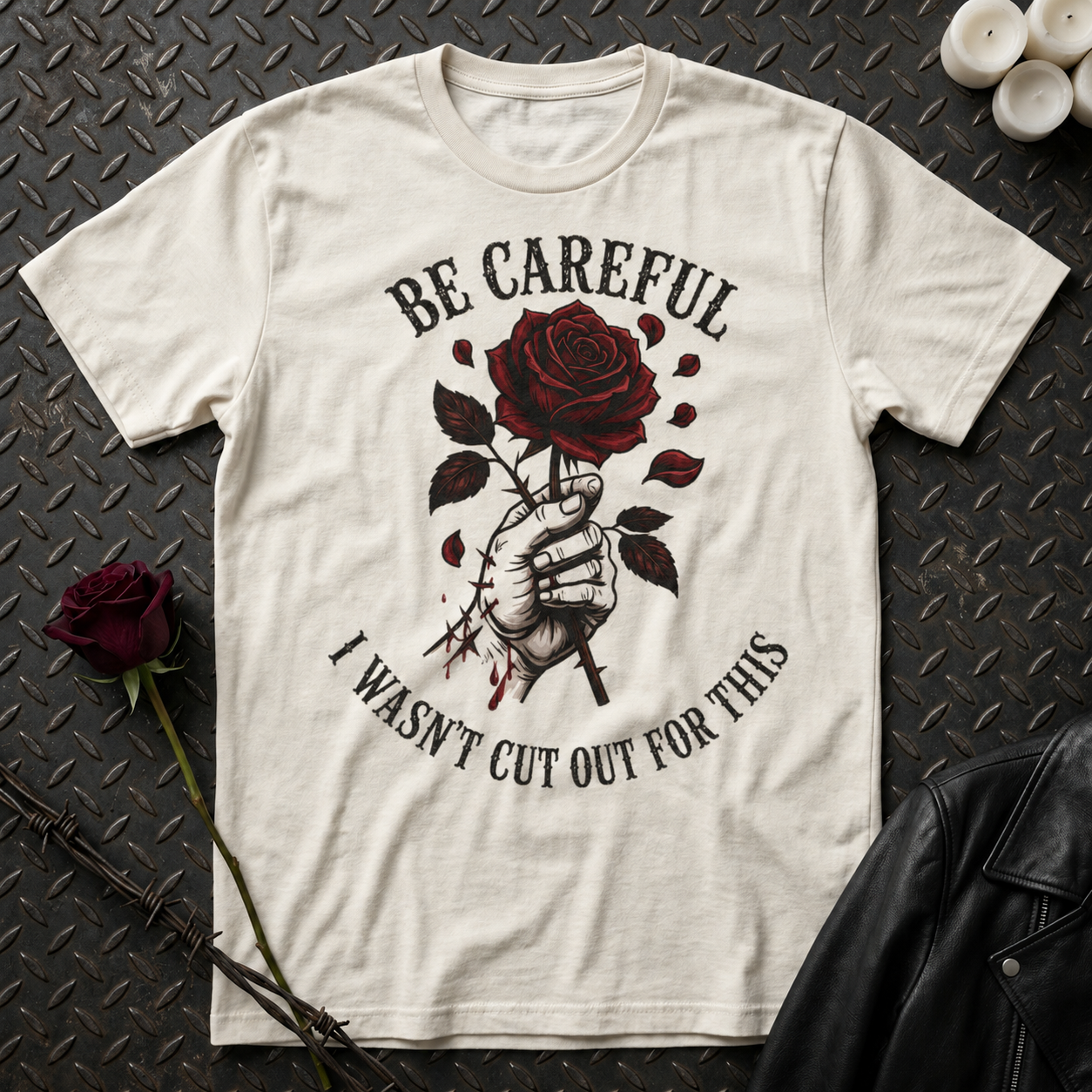 Be Careful Rose Illustration T-Shirt | Hand Holding Thorny Rose, I Wasn't Cut Out For This