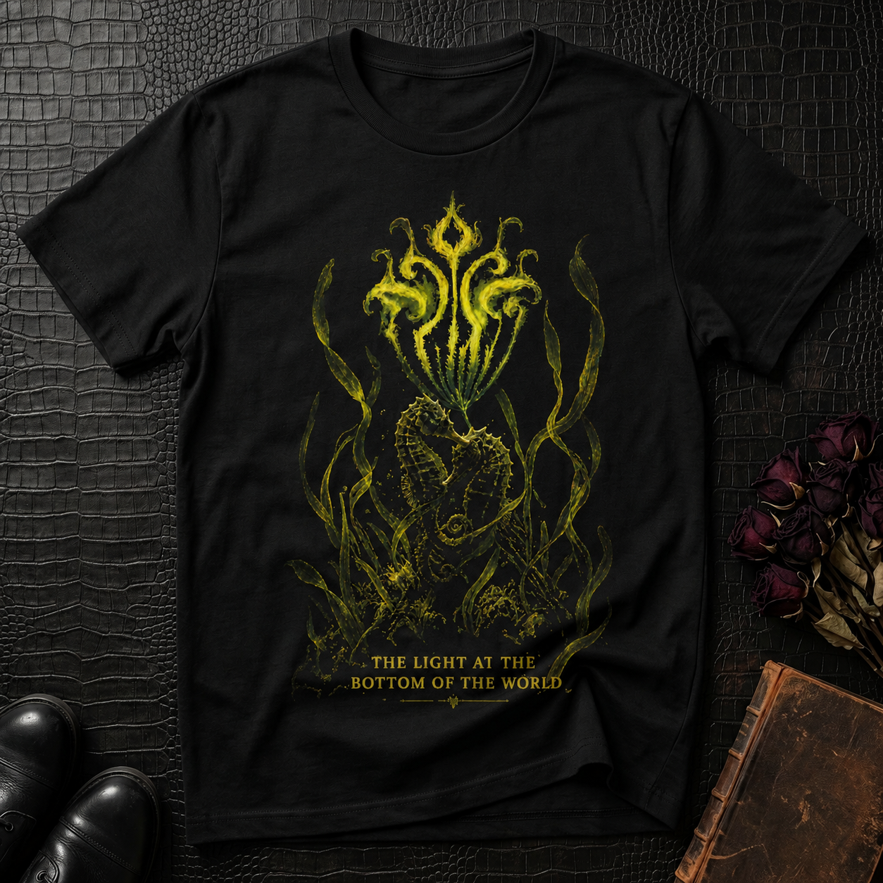 Bioluminescent seahorses Illustration T-Shirt | Botanical Crest Tee