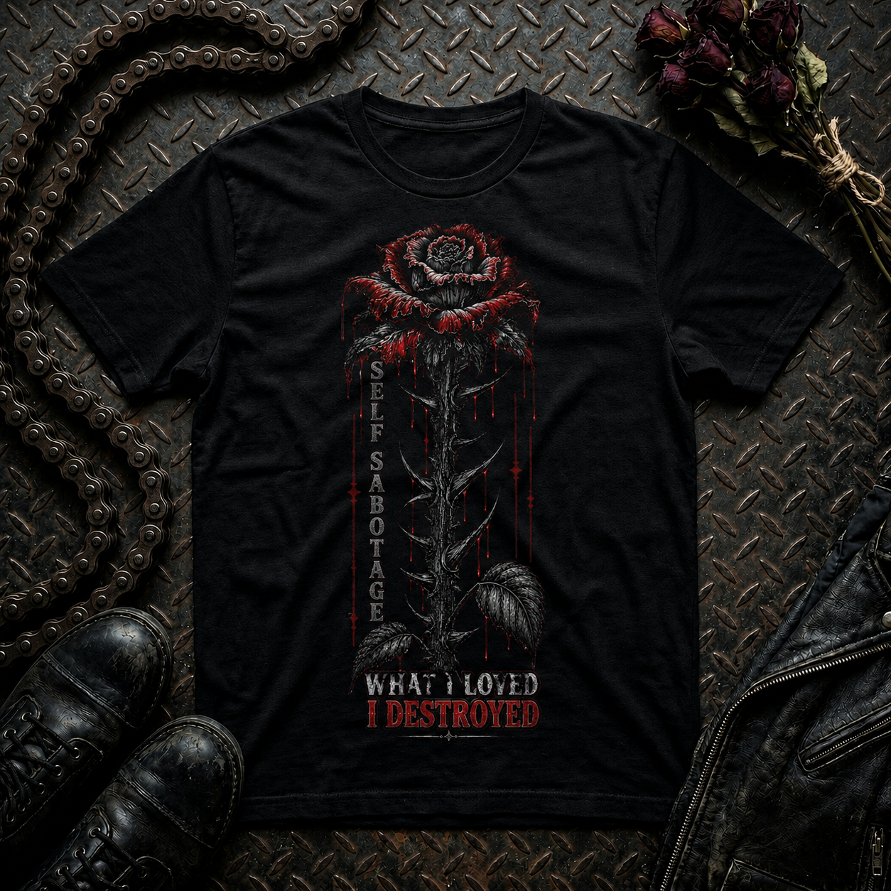 Bleeding Rose Stem T-Shirt | Gothic Floral, Dark Tattoo Style