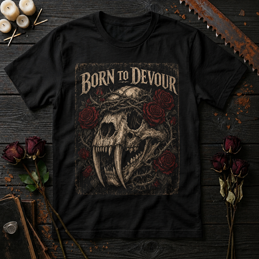 Born to Devour Skull with Roses T-Shirt | Vampire Fangs Gothic Tee