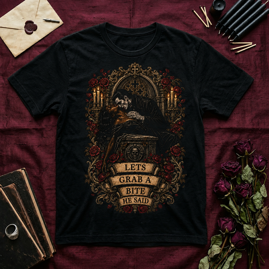 Romantic Vamp T-Shirt — "Let's Grab a Bite" Vintage Horror Tee