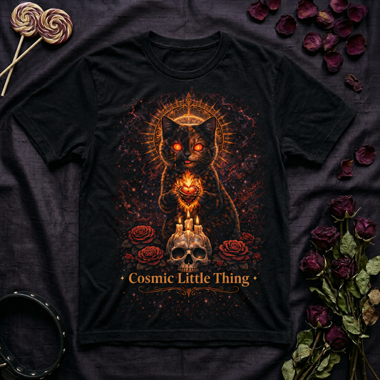 Cosmic Cat with Skull and Roses T-Shirt | Mystic Moon, Occult Artwork
