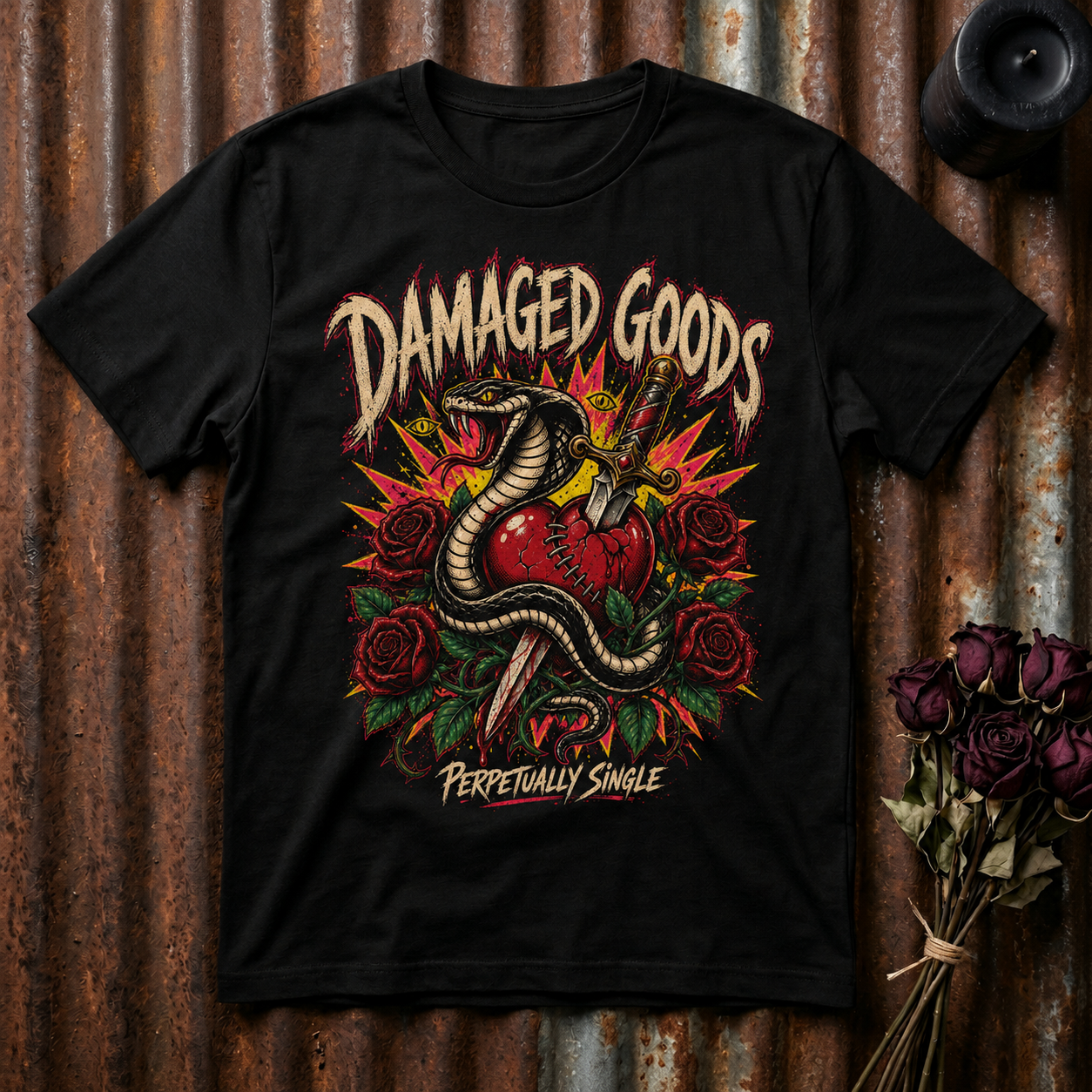 Damaged Goods snake heart graphic T-Shirt | roses, dagger, vintage tattoo style