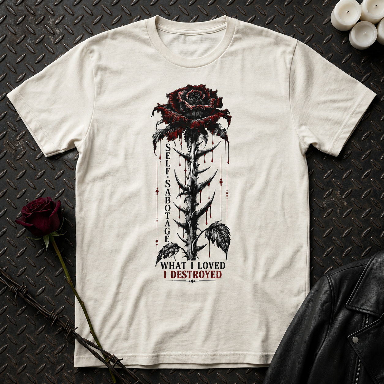 Dark Rose Illustration T-Shirt | Dripping Red Rose, "What I Loved I Destroyed"