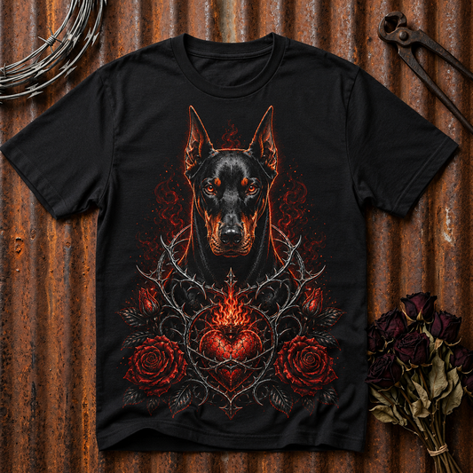 Doberman Loyal Heart T-Shirt — Gothic Dog Design with Roses & Sacred Heart