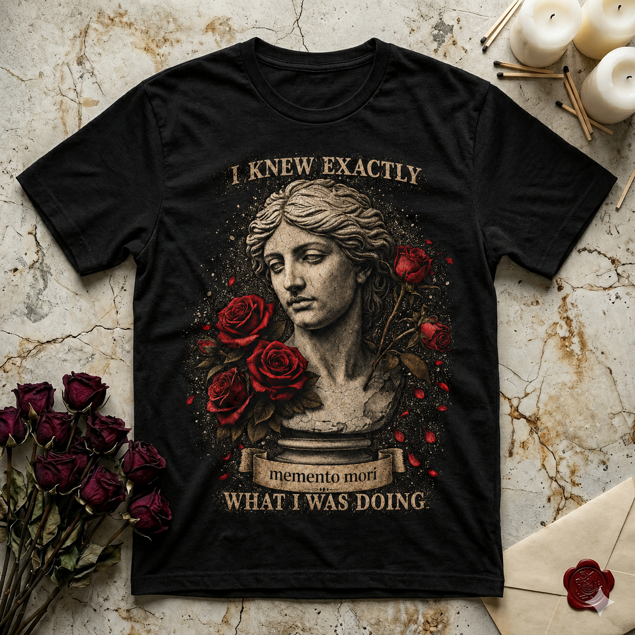 I Knew Exactly Statue Bust with Red Roses T-Shirt | Memento Mori What I Was Doing