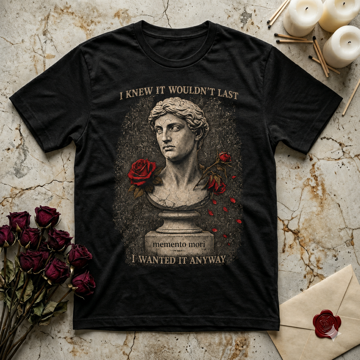 Memento Mori Statue Bust T-Shirt | Rose Skull Vintage Gothic