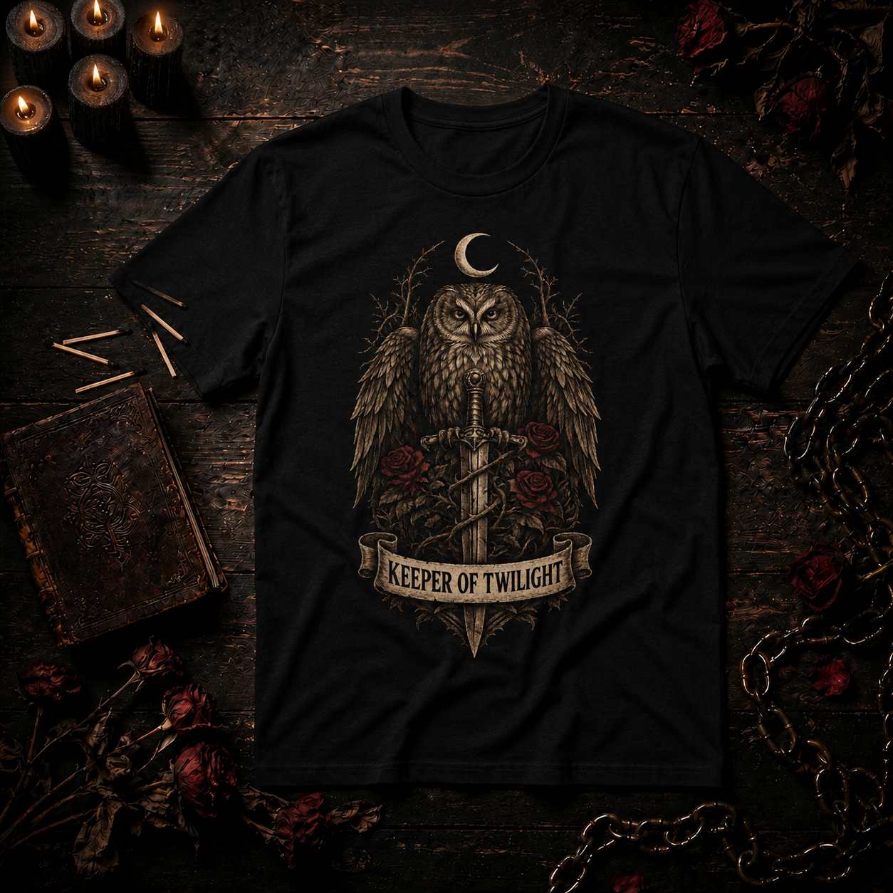 Keeper of Twilight Owl T-Shirt | Moon, Sword, Gothic Forest