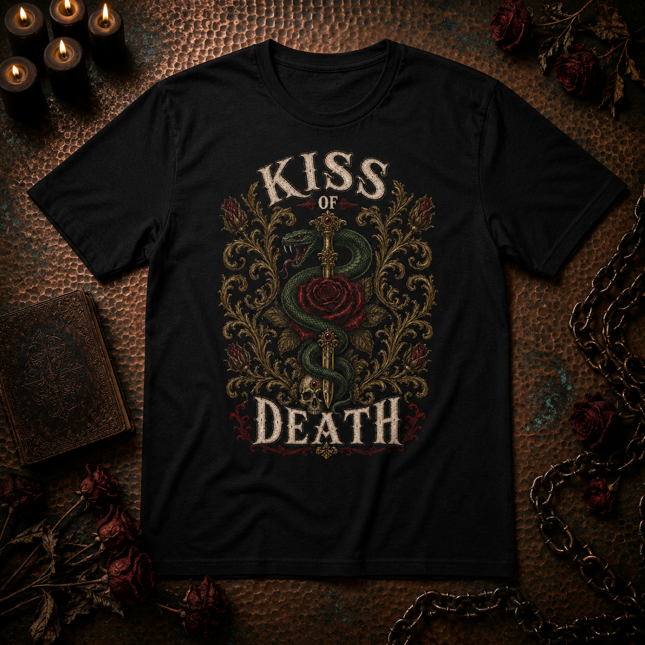 Kiss of Death T‑Shirt — Gothic Rose & Snake Vintage Graphic