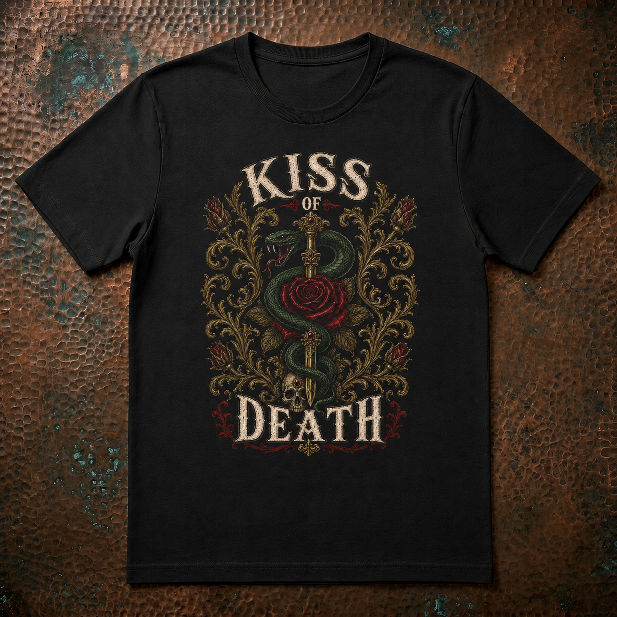 Kiss of Death T‑Shirt — Gothic Rose & Snake Vintage Graphic