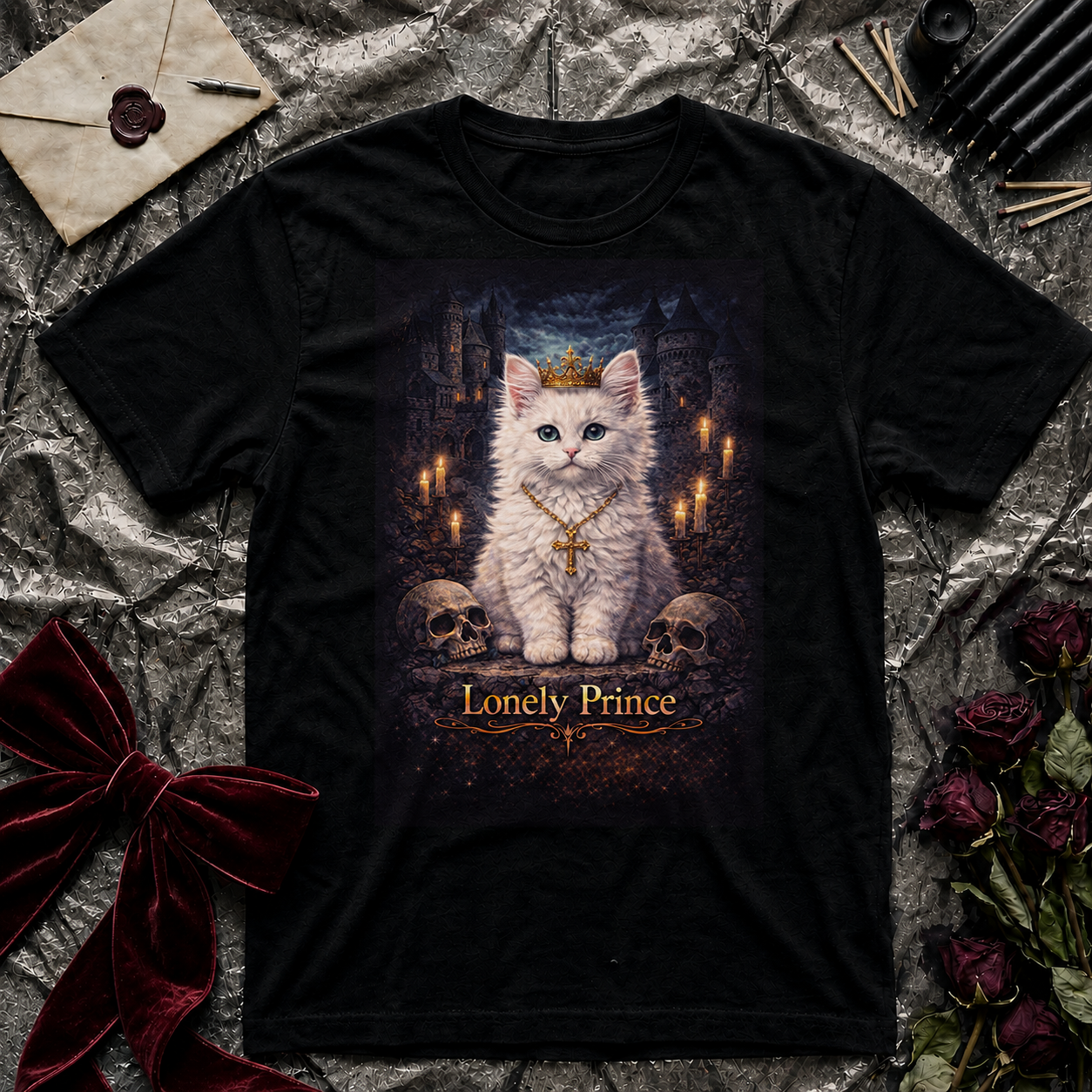 Lonely Prince Cat T-Shirt | Gothic Kitten, Skulls, Candlelit Portrait