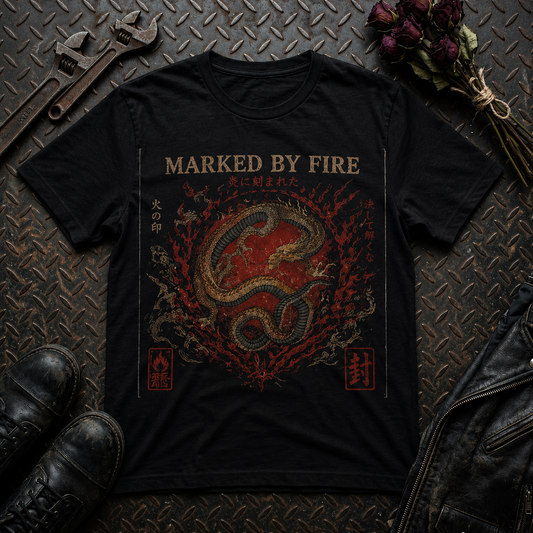 Marked by Fire Dragon T-Shirt | Japanese Kanji, Red Flame Serpent Graphic