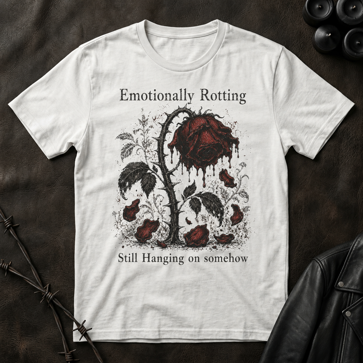 T-Shirt — "Emotionally Rotting, Still Hanging On Somehow" Distressed Rose Graphic