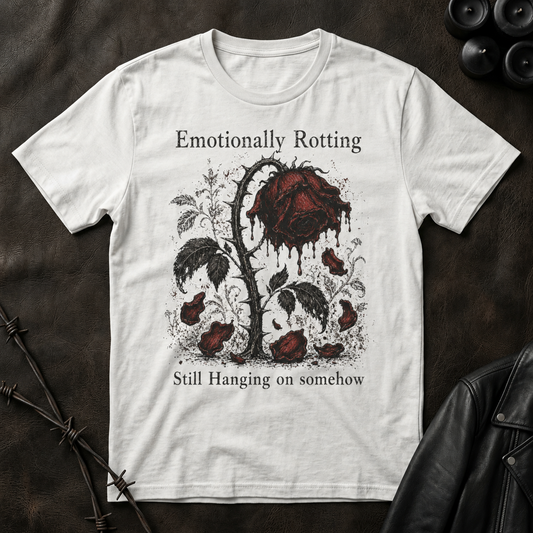 T-Shirt — "Emotionally Rotting, Still Hanging On Somehow" Distressed Rose Graphic
