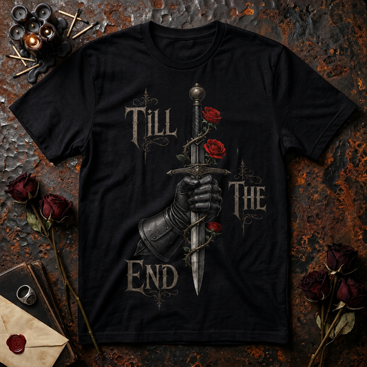 Till The End dagger and roses T-Shirt | Gothic knight hand, dark romance design