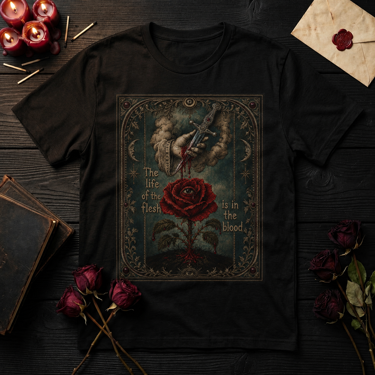"The life of the flesh is in the blood" Embroidery Graphic Tee