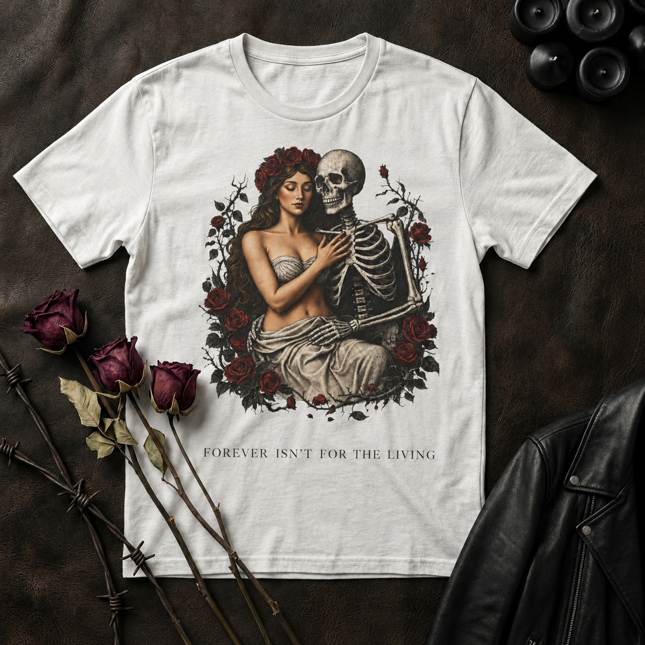 Vintage Romance Skeleton T-Shirt — “Forever Isn’t For The Living” Gothic Tee