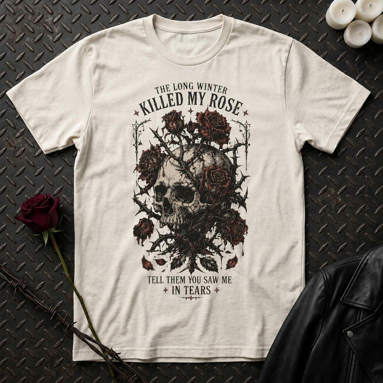 Skull with Roses T-Shirt | Gothic Floral Skull Tee, Moody Dark Tattoo Design