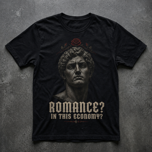 Romance? In This Economy? T-Shirt | Classical Statue Rose Graphic Tee